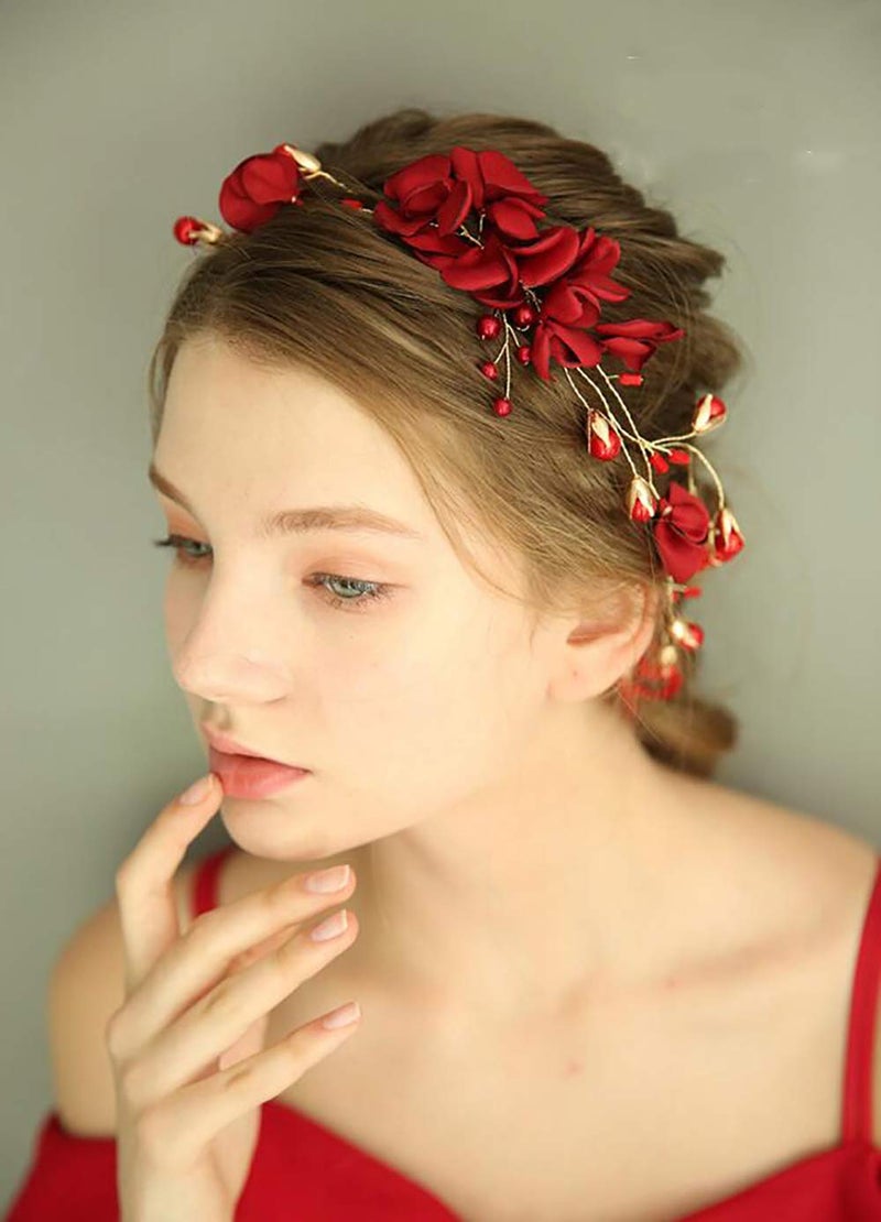 Chargances Wedding Bride Floral Red Headband Crystal Gold Hair Vine with Pearl Rhinestone Hair Accessory Boho Delicate Hair Piece Jewelry for Women and Girls - Image 2